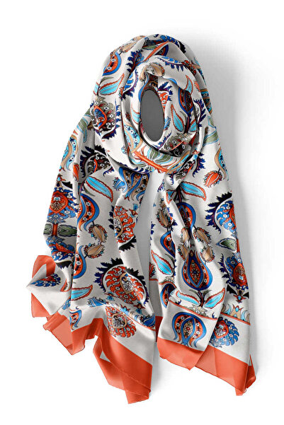 Bursa İpek Narrow Silk Scarf - Tan and Iznik Patterned