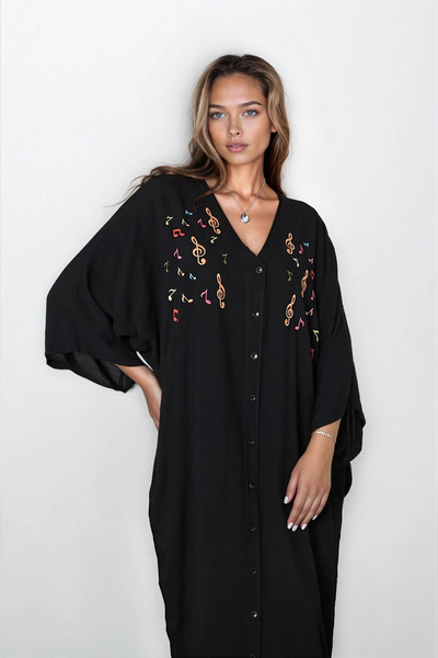 VAGGON Γυναικείο μαύρο φόρεμα με διπλή τσέπη με κουμπιά μπροστά μεγάλου μεγέθους βισκόζης Vs00314