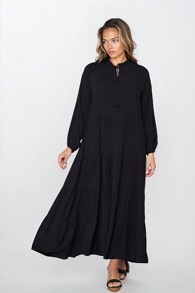 VAGGON Women's Black Tie Detail Plus Size Viscose Dress Vs00308