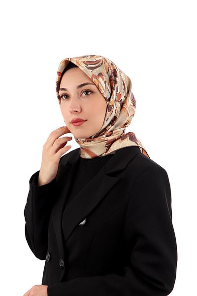 Bursa İpek Brown Flower Pattern Twill Silk Scarf