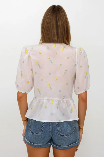 VAGGON Γυναικεία κίτρινη μπλούζα με λαστιχένια μανίκια με κέντημα λουλουδιών Vs00168