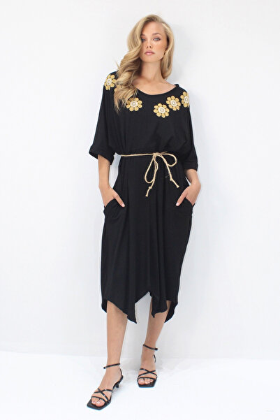 VAGGON Women's Black Asymmetrical Cut V-Neck Embroidery Embroidered Double Pocket Straw Belt Viscose Dress Prmx14198