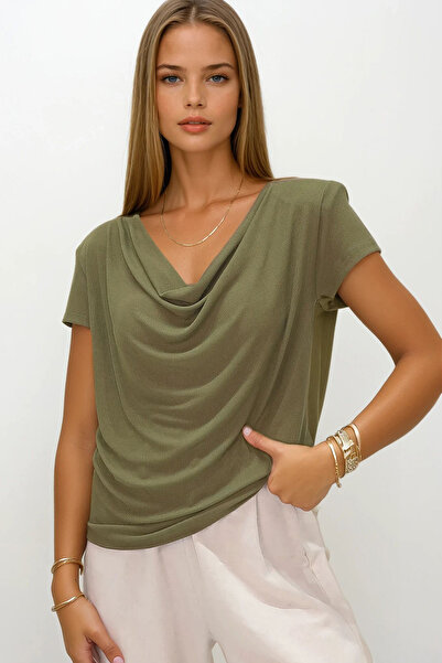 VAGGON Γυναικεία πλεκτή μπλούζα με γιακά χακί Degaje με επένδυση Vs00191