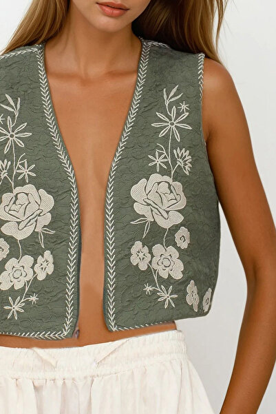 VAGGON Kadın HAKİ Nakış Detaylı Astarlı Dokulu Crop Yelek VS00242