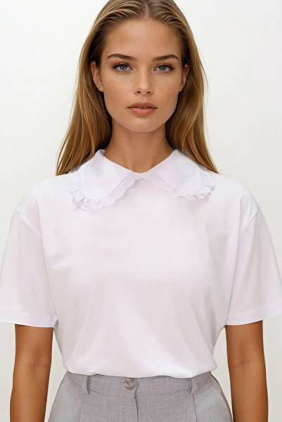 VAGGON Γυναικεία Πλεκτή Μπλούζα με Λευκό Βρεφικό Γιακά με Στολίδι Vs00194