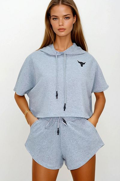 VAGGON Set de femei gri cu glugă, crop sweatshirt și shorts PRMX760-001-TK
