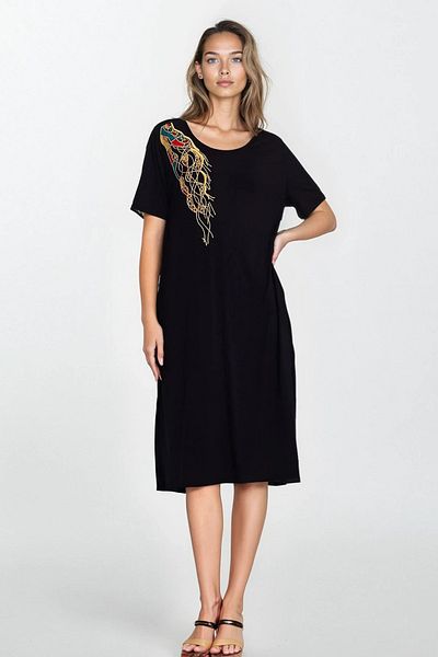 VAGGON Women's Black Embroidery Embroidered Wide Collar Double Pocket Plus Size Dress Vs00286