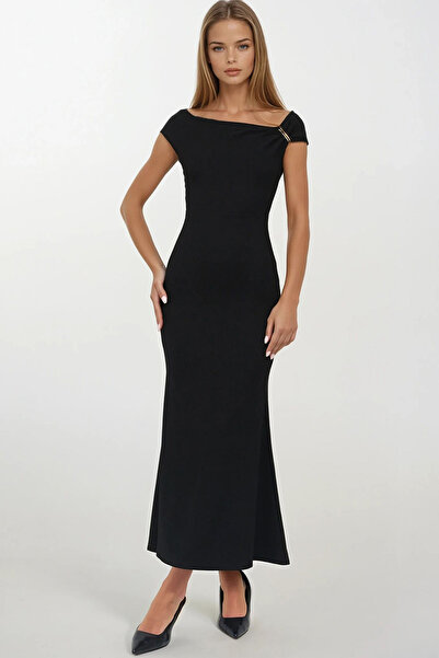 VAGGON Γυναικείο μαύρο αξεσουάρ ALACATI STYLE με λεπτομερή ντραπέ γιακά Maxi μέγεθος Fi κοτλέ lbise Vs00247