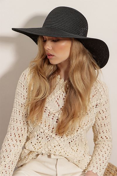 VAGGON Women's Black Wide Straw Hat Prmx2499