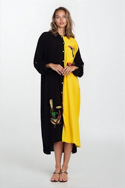 VAGGON Women's Yellow-Black Printed Shirt Collar Plus Size Shirt Dress Vs00348