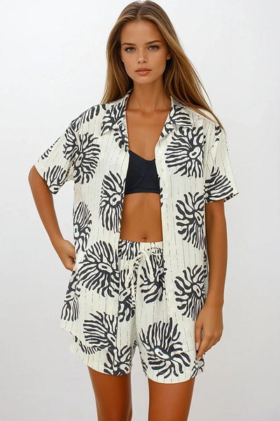 VAGGON Women's Beige Double Pocket Elastic Waist Shorts Oversize Shirt Suit Vs00216