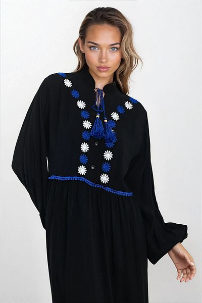 VAGGON Women's Black Embroidery Embroidered Judge Collar Lace-Up Half Placket Plus Size Dress Vs00344
