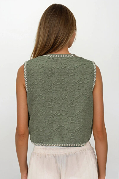 VAGGON Kadın HAKİ Nakış Detaylı Astarlı Dokulu Crop Yelek VS00242