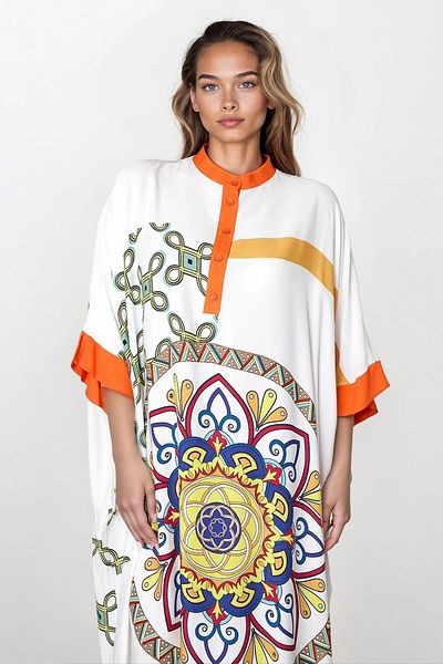 VAGGON Women's Orange White Judge Collar Asymmetrical Cut Half Placket Plus Size Dress Vs00303