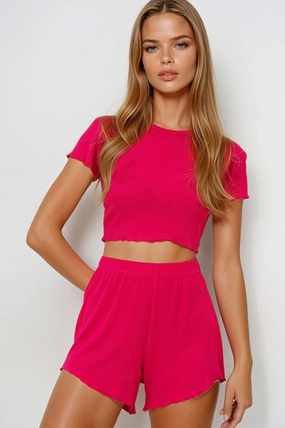 VAGGON Women's Fuchia Crew Neck Crop Bluz, Shorts and Pants 3-Piece Set Pajama Set Pjmx13916