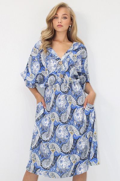 VAGGON Women's Blue Front Back V-Neck Coconut Button Double Pocket Patterned Woven Viscosse Dress Prmx14205