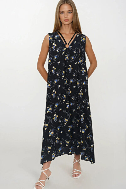 VAGGON Women's Yellow Accessory Detailed Patterned Maxi Size Double Pocket Dress Dress Vs00267