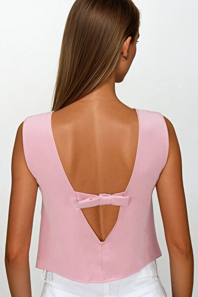 VAGGON Women's Pink Back Bow Detailed Blouse Vs00230