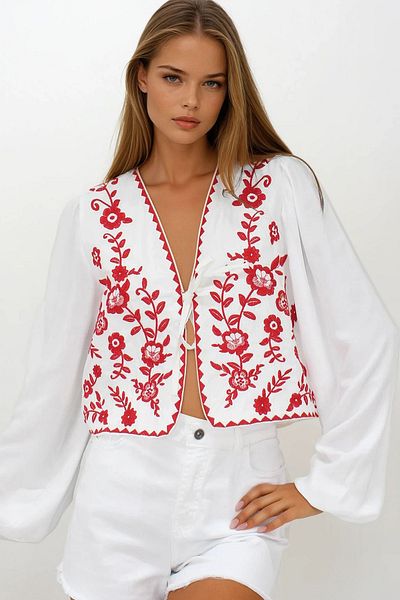 VAGGON Women's Red Embroidered Tie-Up Ceten Crop Jacket Vs00235