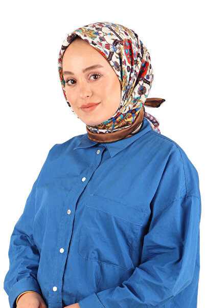 Bursa İpek Μεταξένιο μαντίλι με μοτίβο τουλίπας καφέ πλακάκι