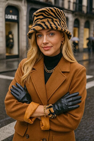 Axesoire 16003 Zebra Kürklü Siyah Deri Eldiven