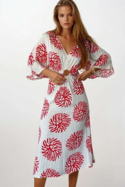 VAGGON Γυναικείο φόρεμα με κόκκινο μανίκι με λεπτομέρεια με βαθύ λαιμό V με μήκος μίντι Vs00166