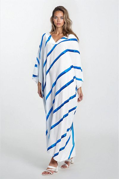 VAGGON Women's Blue Line Pattern V-Neck Plus Size Viscose Dress Vs00324