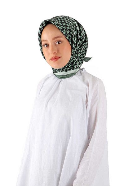 Bursa İpek Green Striped Twill Silk Scarf - Houndstooth Pattern