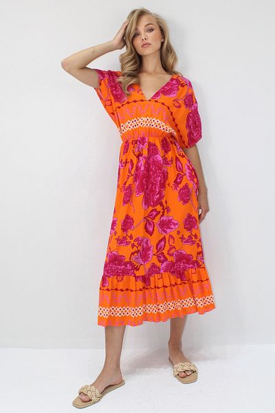 VAGGON Femei Portocaliu Fucsia FAȚĂ SPATE Gât în ​​V FUSTĂ CU MODEL ROCHIE DE VARĂȚIȚĂ PRMX14199