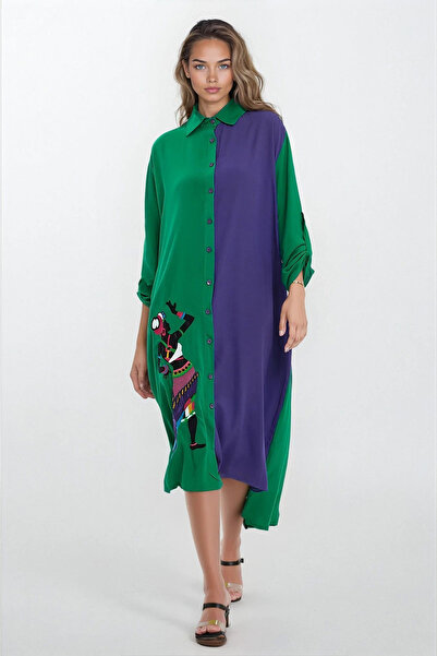 VAGGON Women's Green Shirt Collar Slit Detailed Plus Size Shirt Dress Vs00338