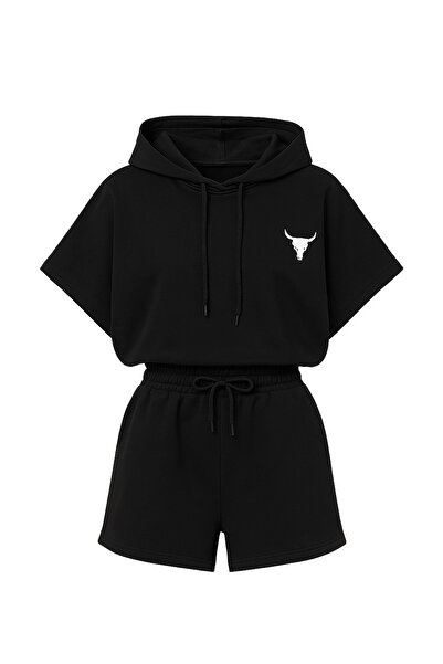 VAGGON Női fekete kapucnis pulóver és rövidnadrág szett Prmx760-001-Tk