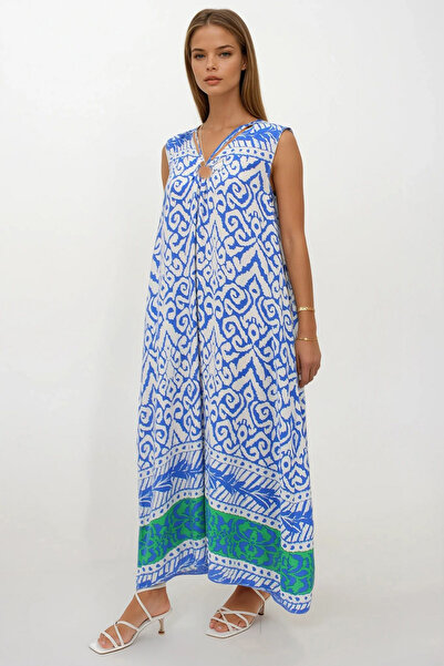 VAGGON Women's Blue Accessory Detailed Patterned Maxi Size Double Pocket Dress Dress Vs00267