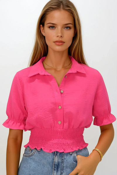 VAGGON Γυναικείο φούξια πουκάμισο με ελαστική μέση με κουμπιά που κλείνει με ...