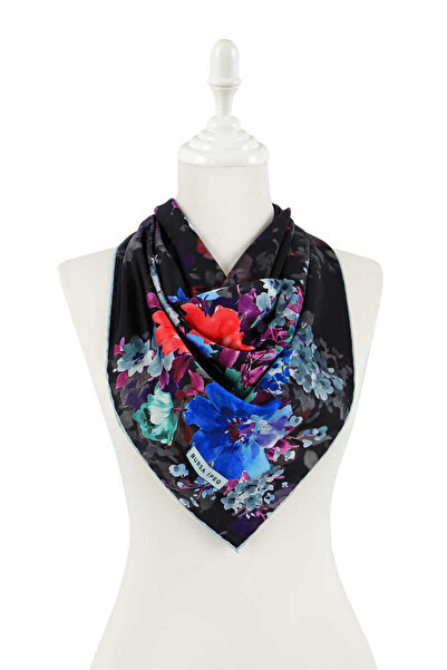 Bursa İpek Μαύρο μεταξένιο μαντήλι με μοτίβο γεράνι