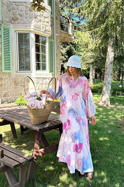 VAGGON Women's Pink Color Block Judge Collar Half Placket Maxi Length Dress Vs00174
