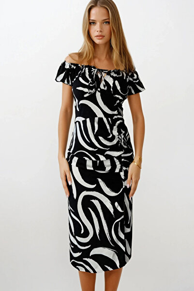 VAGGON Γυναικείο μαύρο γιακά Madonna με λουλουδάτο μοτίβο με λεπτομέρεια φόρεμα με φερμουάρ Vs00165