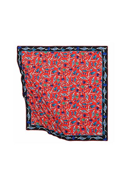 Bursa İpek Red Turkish Motif Carnation Tulip Pattern Silky Scarf