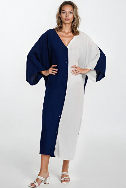 VAGGON Γυναικείο λευκό μπροστινό κουμπί διπλή τσέπη μεγάλου μεγέθους φόρεμα βισκόζης Vs00332