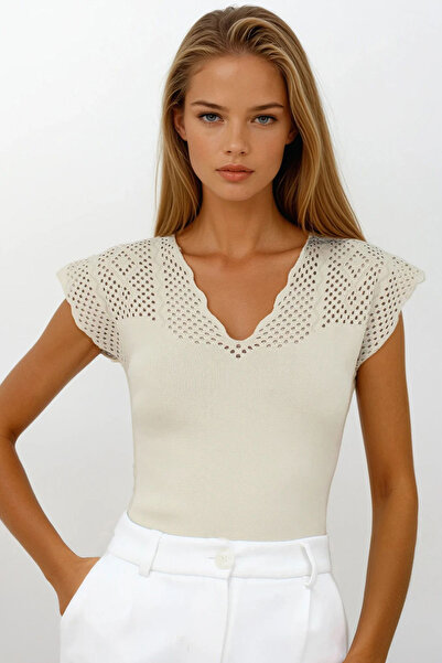 VAGGON ALAÇATI STİLİ Kadın Taş Önü Ve Arkası V Yaka Delik Ajurlu Mevsimlik Triko Bluz Vs00265