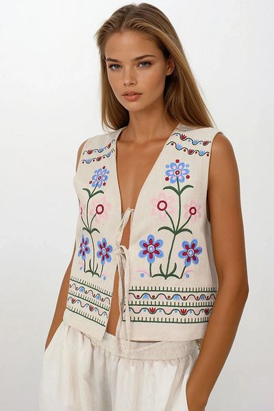 VAGGON Women's Cream Embroidered Lace Detailed Design Raw Linen Vest Vs00241