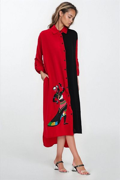 VAGGON Women's Red Shirt Collar Slit Detail Plus Size Shirt Dress Vs00338