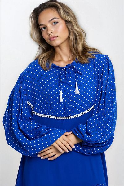 VAGGON Women's Blue Crew Neck Half Placket Lace-Up Skirt Ruffle Plus Size Dress Vs00326