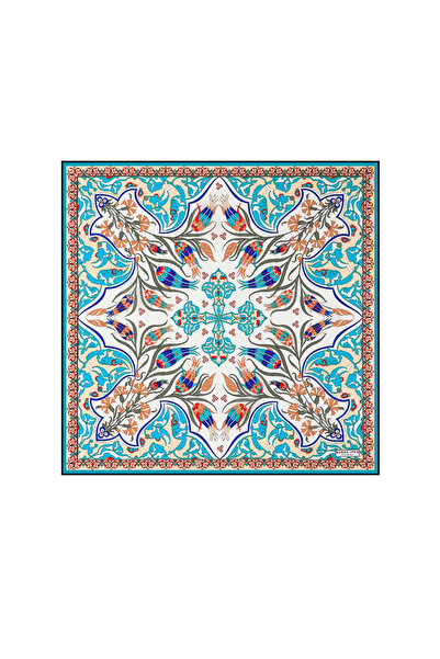 Bursa İpek Ecru Turquoise Carnation - Tulip Patterned Silk Handkerchief
