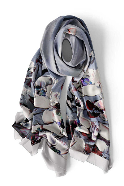 Bursa İpek Anemone Patterned Gray Silk Scarf