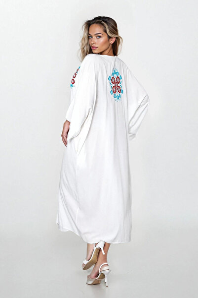 VAGGON Women's White Button Front Embroidered Plus Size Viscose Dress Vs00312