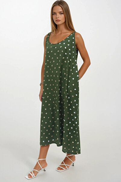 VAGGON Γυναικείο πράσινο φόρεμα με διπλή τσέπη με μοτίβο casual κοπής Vs00271