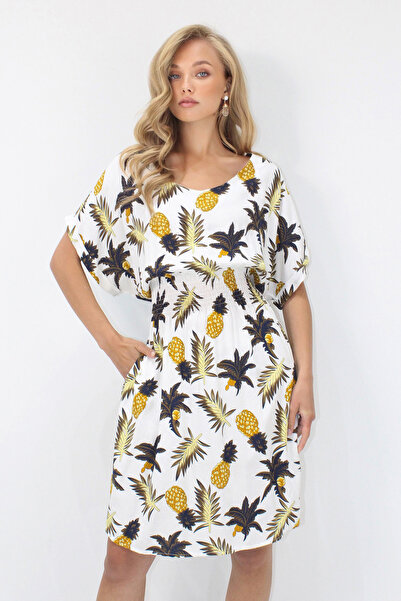 VAGGON Γυναικείο φόρεμα εκρού με λαιμόκοψη V με διπλή τσέπη με μοτίβο μέσης με υφαντό βισκόζη Prmx14201