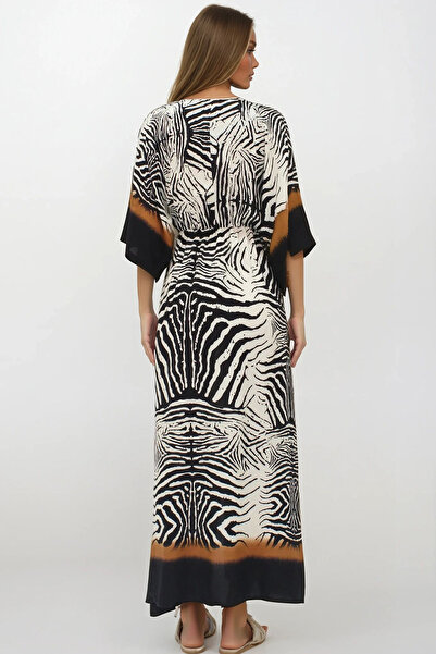 VAGGON Γυναικείο ΜΑΥΡΟ-ΚΑΦΕ Διπλό γιακά με ελαστική μέση με μανίκια μπατονέτα με λεπτομέρεια Maxi φόρεμα VS00220