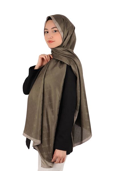 Bursa İpek Khaki Chain Monogram Pattern Silk Shawl