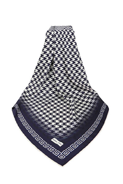 Bursa İpek Ecru Navy Blue Houndstooth Silky Scarf